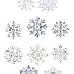 May include: Nine watercolor snowflakes in shades of gray, silver, and blue are arranged on a white background. Each snowflake has a unique design, with intricate details and delicate patterns. The snowflakes vary in size and shape, creating a wintery theme.