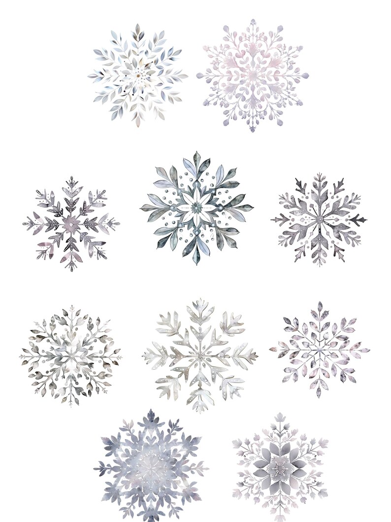 May include: Nine watercolor snowflakes in shades of gray, silver, and blue are arranged on a white background. Each snowflake has a unique design, with intricate details and delicate patterns. The snowflakes vary in size and shape, creating a wintery theme.