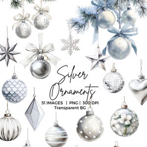 Puede incluir: Una colección de adornos navideños plateados de varias formas, incluyendo esferas, estrellas y un copo de nieve, con cintas blancas y plateadas. La imagen incluye el texto "Silver Ornaments".