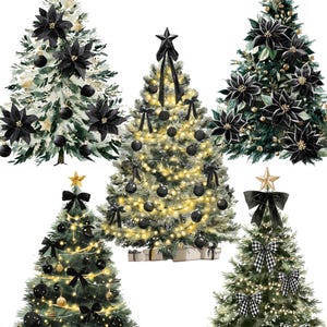 May include: Five Christmas tree illustrations. Each tree is decorated with black ornaments, bows, and poinsettias. Some trees have gold star tree toppers and string lights. The trees are set against a white background.