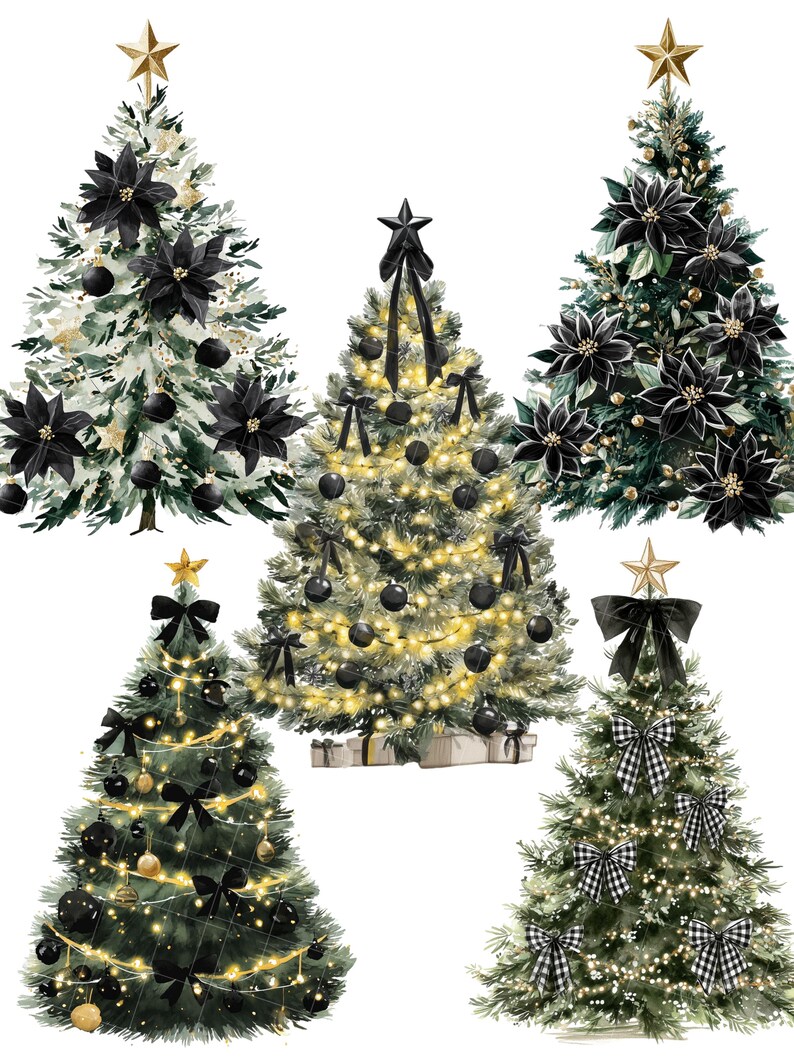 May include: Five Christmas tree illustrations. Each tree is decorated with black ornaments, bows, and poinsettias. Some trees have gold star tree toppers and string lights. The trees are set against a white background.