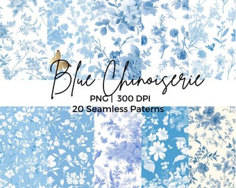 Blue Toile Floral Seamless Pattern Bundle PNG Watercolor Blue Chinoiserie Patterns Toile de jouy for Nursery Wallpaper Digital Paper