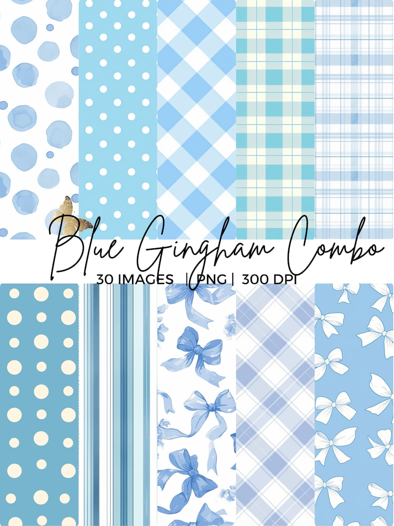 Blue Gingham Seamless Pattern Bundle PNG Watercolor Blue Stripes Polka ...