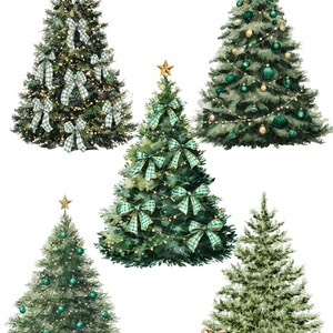 May include: Watercolor illustrations of five Christmas trees. The trees are decorated with ornaments, bows, and lights. Some trees have gold star tree toppers. Several wrapped gifts are at the base of one tree. The color palette includes green, gold, and white.