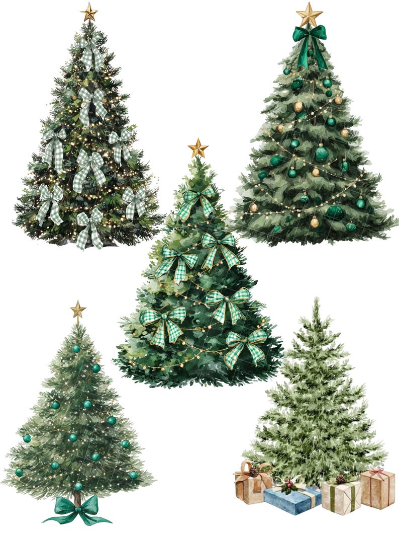 May include: Watercolor illustrations of five Christmas trees. The trees are decorated with ornaments, bows, and lights. Some trees have gold star tree toppers. Several wrapped gifts are at the base of one tree. The color palette includes green, gold, and white.
