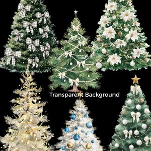 May include: Watercolor illustrations of six Christmas trees. The trees are decorated with bows, ornaments, and lights. Some trees have a gold star on top. The text "Transparent Background" is in the center of the image.