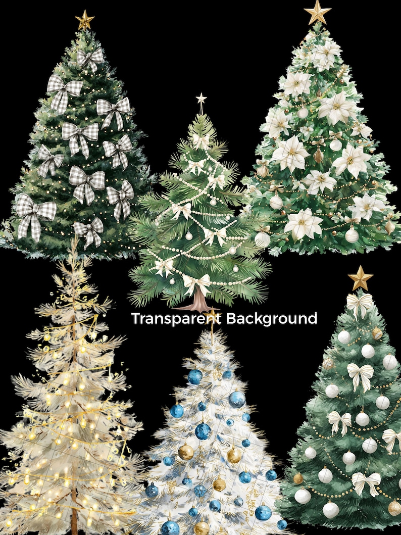 May include: Watercolor illustrations of six Christmas trees. The trees are decorated with bows, ornaments, and lights. Some trees have a gold star on top. The text "Transparent Background" is in the center of the image.