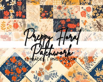 Vintage Preppy Floral Patchwork Pattern Bundle PNG, Floral Autumn PNG  for Shirt sublimation Digital Paper Scrapbook junk journal