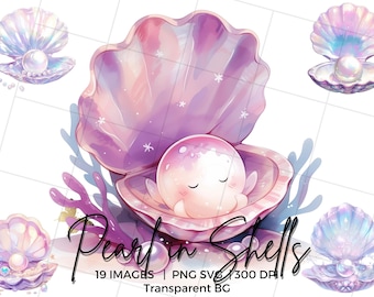 Perla in conchiglia Vongola PNG Simpatici animali marini Creature dell'oceano rosa Viola Sotto il mare Clipart di conchiglia PNG SVG Bundle per stampa, invito, tazza