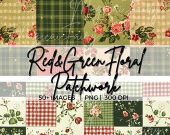 Rot & Grün Patchwork nahtlose Muster, florale Grand Millenial Muster, niedliches Steppmuster PNG Bündel, Gingham Polka Dots digitale Papiere