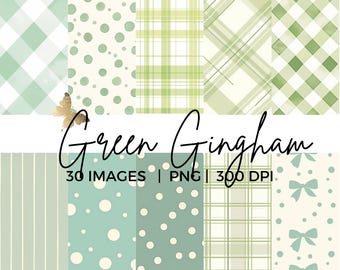 May include: A collection of green gingham patterns in various designs, including polka dots, stripes, and plaid. The text "Green Gingham" is displayed in cursive, along with details about the image format and resolution.