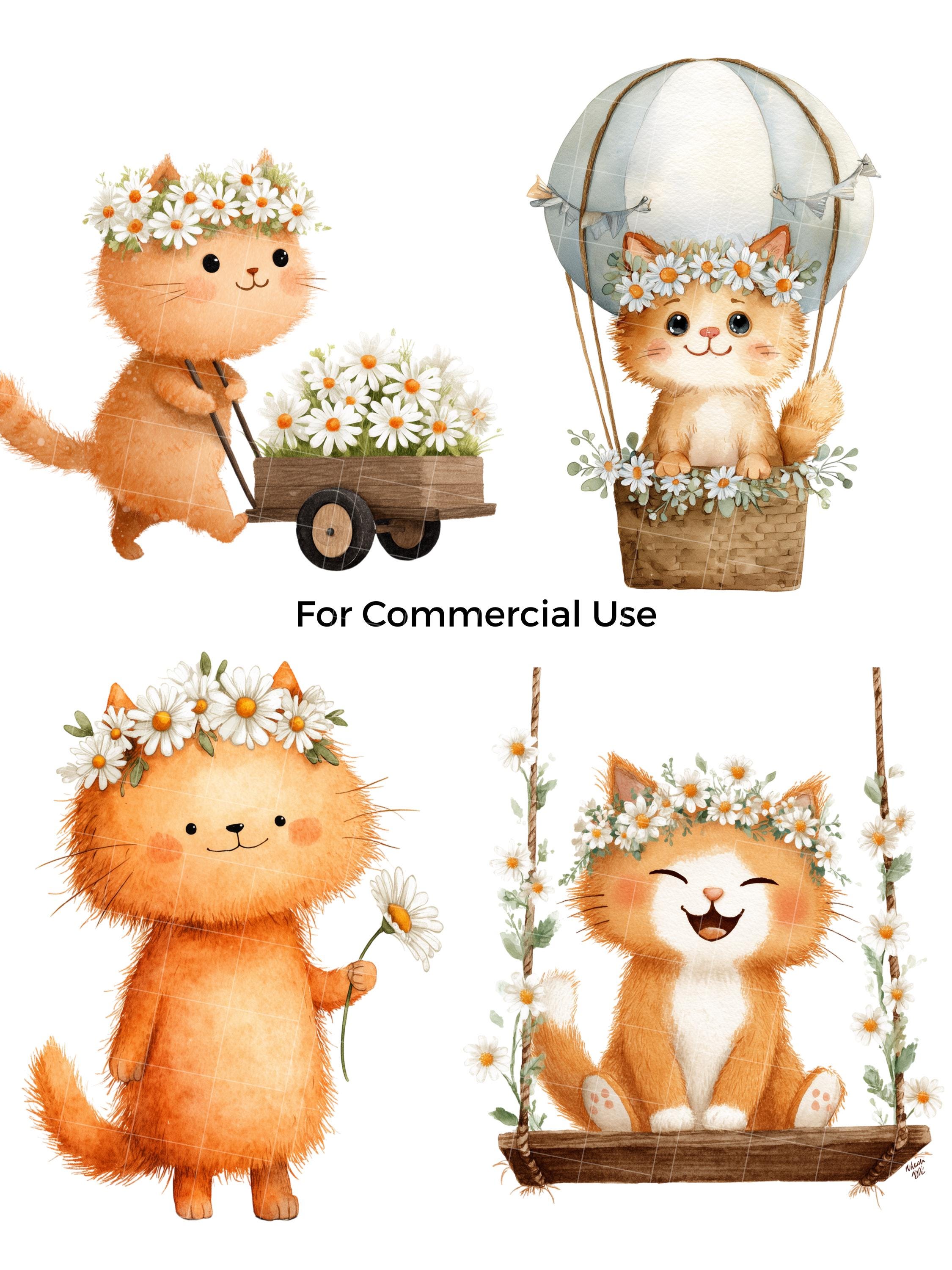 120+ Orange Floral Cats PNG Clipart Bundle: Easter Kittens, Watercolor ...