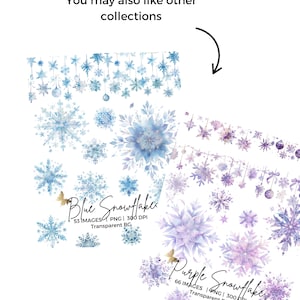 May include: Watercolor snowflake digital images in blue and purple. The image includes the text "Blue Snowflakes" and "Purple Snowflakes" with details about the number of images, file type, and DPI. The snowflakes are in various sizes and styles.