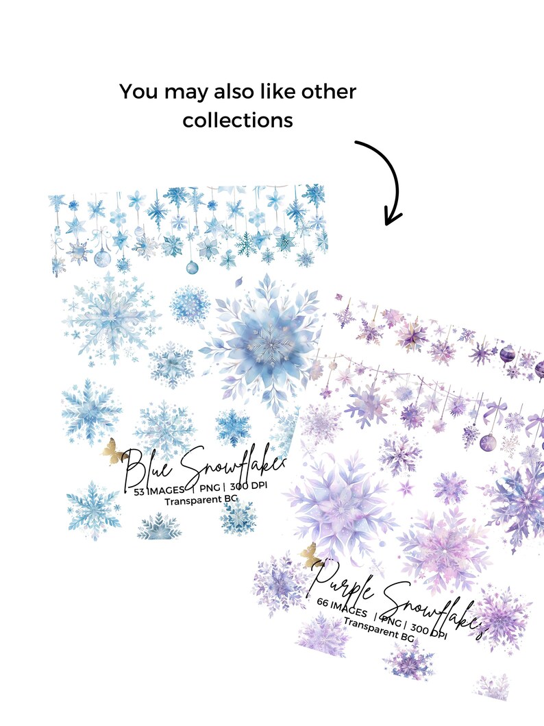 May include: Watercolor snowflake digital images in blue and purple. The image includes the text "Blue Snowflakes" and "Purple Snowflakes" with details about the number of images, file type, and DPI. The snowflakes are in various sizes and styles.