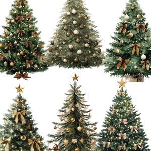 May include: Watercolor illustration of six decorated Christmas trees. Each tree is a different design, with gold star toppers, ornaments, bows, and lights. The trees are on a white background.