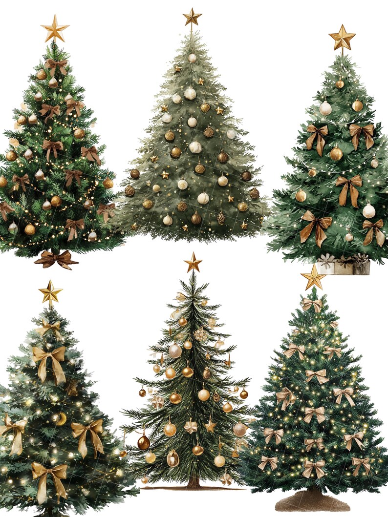 May include: Watercolor illustration of six decorated Christmas trees. Each tree is a different design, with gold star toppers, ornaments, bows, and lights. The trees are on a white background.