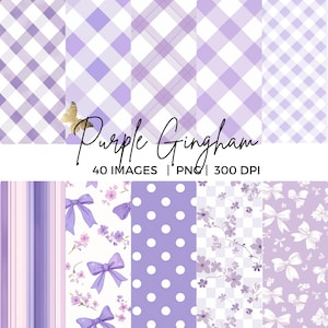 May include: A collection of purple and white patterned digital papers. Designs include gingham, stripes, polka dots, bows, and floral patterns. The text "Purple Gingham" is displayed with additional details about the images.