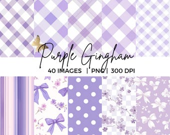 Puede incluir: Una colección de papeles digitales con patrones morados y blancos. Los diseños incluyen cuadros vichy, rayas, lunares, lazos y motivos florales. El texto "Purple Gingham" se muestra con detalles de las imágenes.