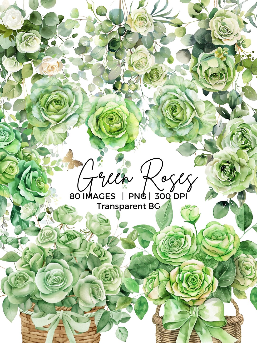 Green Roses PNG Clipart Bundle, Watercolor Green Roses Floral Bouquet ...