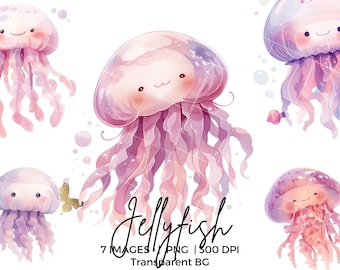 Medusas de acuarela: Animales marinos rosados y morados (Descarga digital PNG)