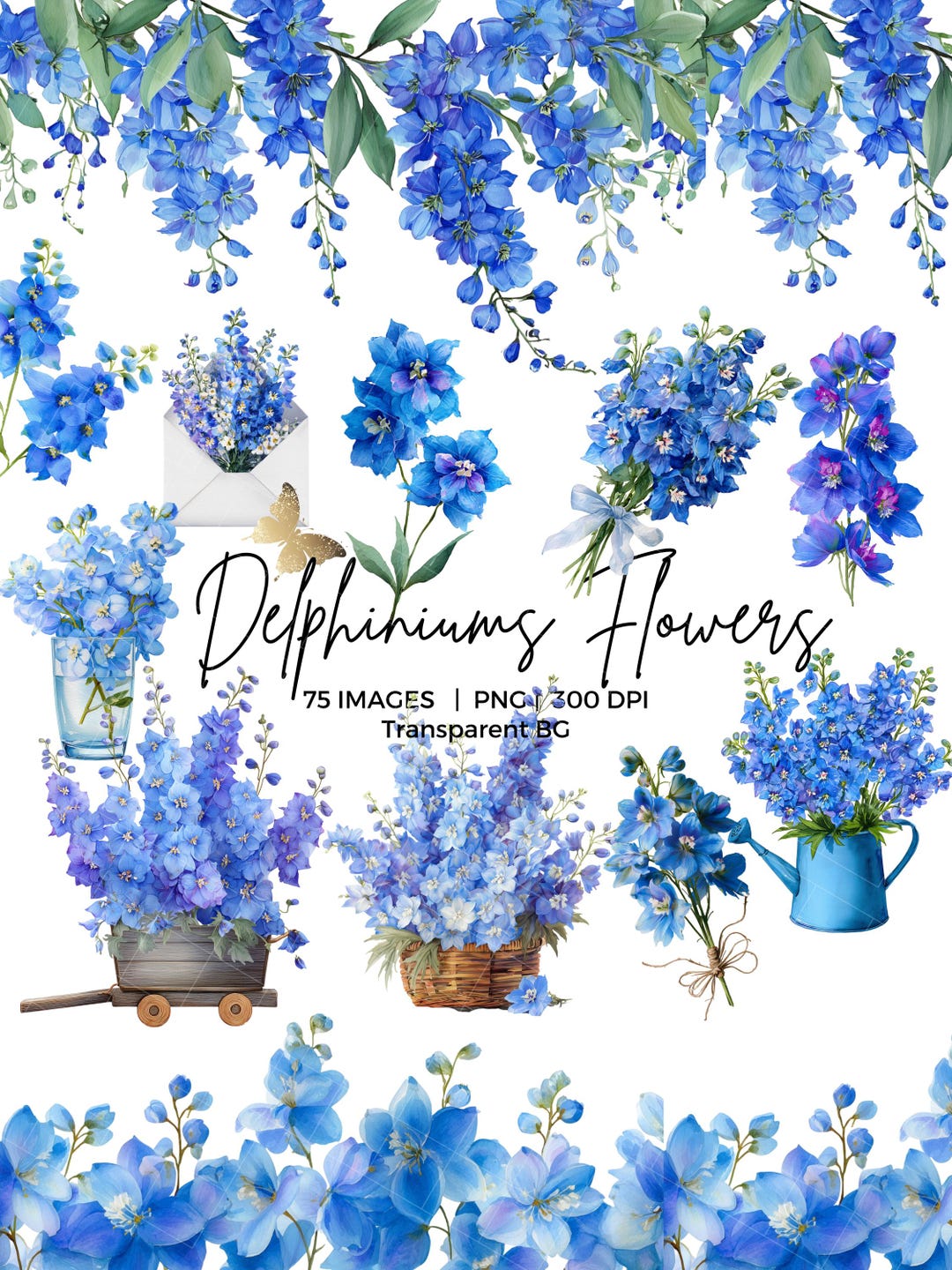 Delphinium Flowers PNG Clipart Bundle: Watercolor Spring Florals PNG ...