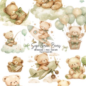 Pacchetto di clipart di simpatici orsetti di peluche verde salvia, acquerello, orso PNG, simpatici animali PNG per baby shower, inviti di compleanno, decorazioni per camerette in stile boho