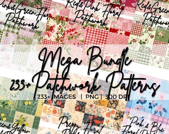 花柄パッチワークシームレスパターン、花柄グランドミレニアルパターン、キュートなキルティングパターンPNGバンドルギンガムデジタルペーパーのメガバンドル