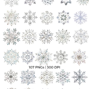 May include: A collection of watercolor snowflake designs in various shades of gray, silver, and blue. The image includes 30 unique snowflake illustrations, perfect for winter-themed projects. Text on the image reads "107 PNGs | 300 DPI".