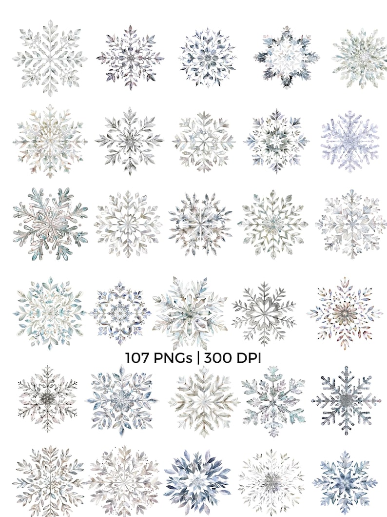 May include: A collection of watercolor snowflake designs in various shades of gray, silver, and blue. The image includes 30 unique snowflake illustrations, perfect for winter-themed projects. Text on the image reads "107 PNGs | 300 DPI".