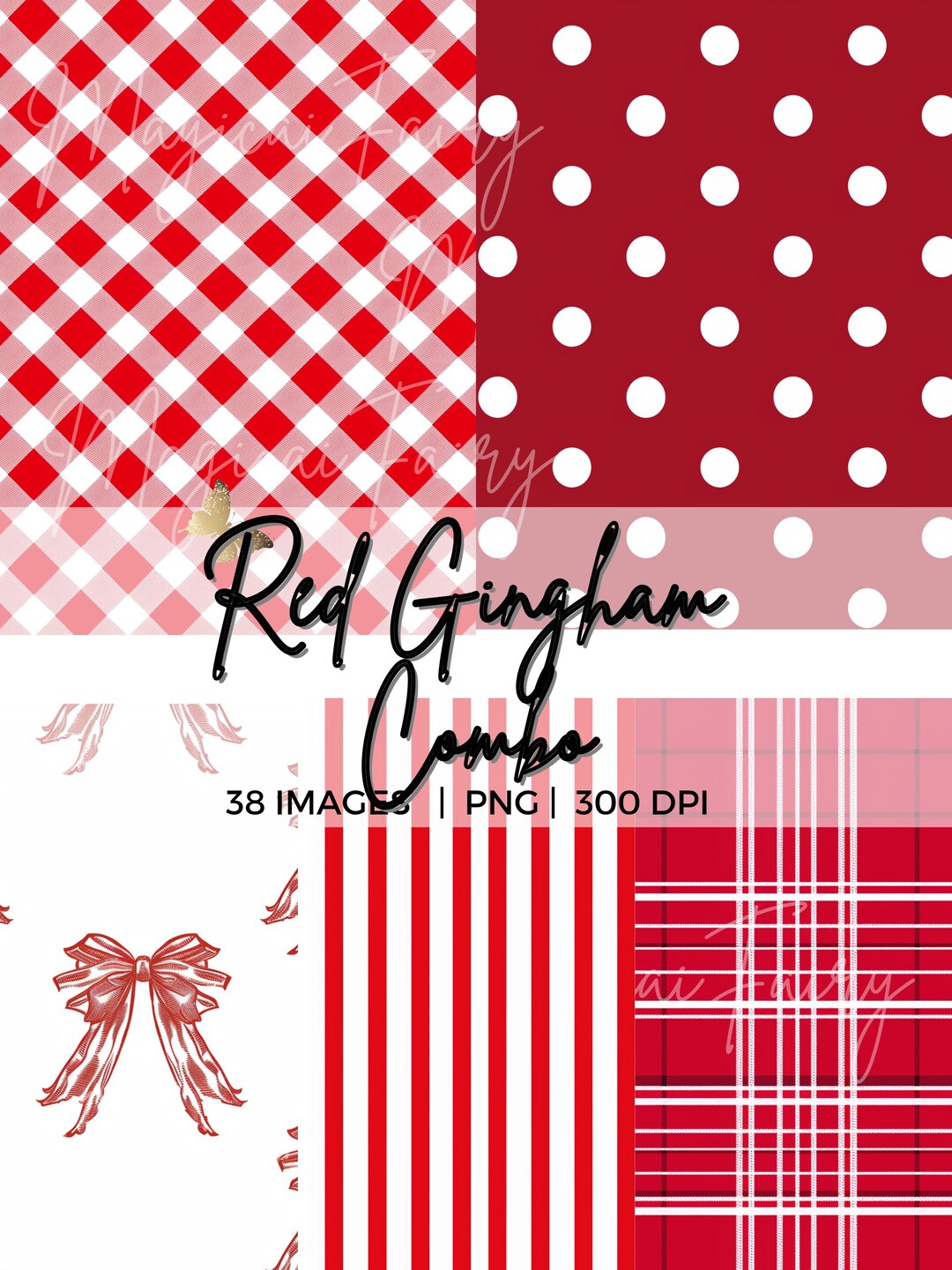 Red Genk Pattern Red Gingham Bows Seamless Patterns Bundle PNG Watercolor Red Stripes ...
