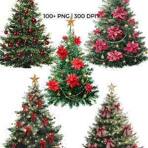 May include: Watercolor illustrations of five Christmas trees. Each tree is decorated with ornaments, lights, and a star topper. Some trees feature red bows, poinsettias, and red ornaments. The text "100+ PNG | 300 DPI" is visible.