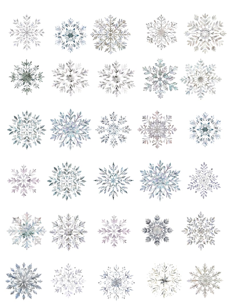 May include: A collection of watercolor snowflakes in various shades of gray, silver, and blue. Each snowflake has a unique, intricate design, with delicate details and patterns. The snowflakes are arranged on a white background.