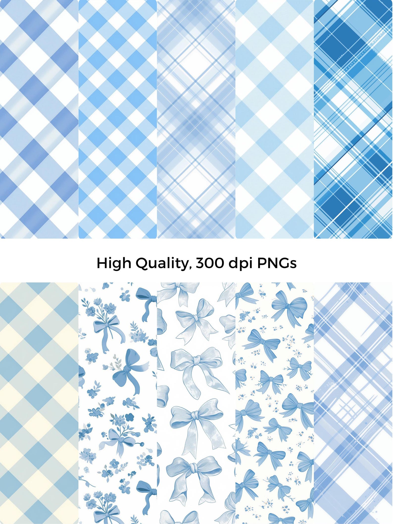 Blue Gingham Seamless Pattern Bundle PNG Watercolor Blue Stripes Polka ...