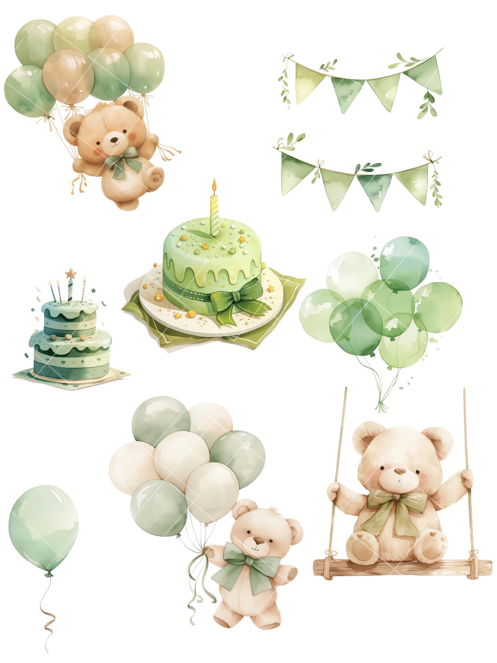 Cute Sage Green Teddy Bears Clipart Bundle Watercolor Bear PNG, Cute ...