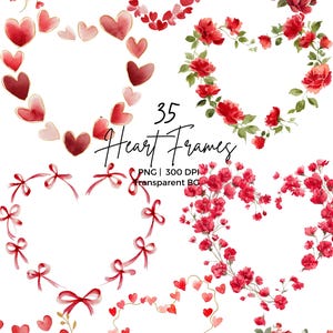 Può includere: Una collezione di 35 cornici a forma di cuore ad acquerello in vari design. Le cornici presentano cuori rossi, fiori e nastri, alcuni con contorni dorati. Il testo "35 Heart Frames" è visualizzato in un carattere scritto a mano, con "PNG | 300 DPI transparent BC" sotto.