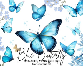 Acquerello farfalla blu PNG, pacchetto clipart farfalle monarca blu, clipart primavera, png sublimazione per invito di compleanno per baby shower