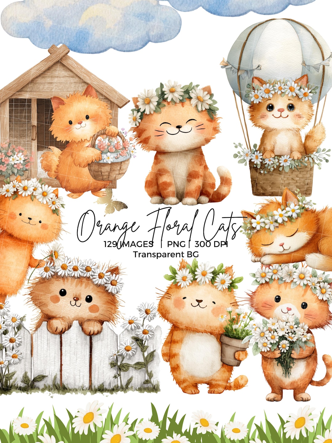 120+ Orange Floral Cats PNG Clipart Bundle: Easter Kittens, Watercolor ...