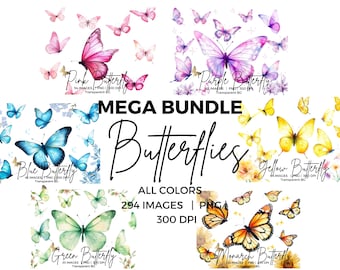 Pacchetto MEGA di farfalle PNG, clipart di farfalle ad acquerello, pacchetto di clipart di farfalle primaverili per decorazioni, design, stampe, inviti, decorazioni murali