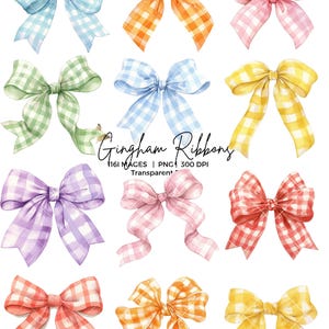 May include: Watercolor illustration of various gingham ribbons in shades of blue, orange, pink, green, yellow, purple, and red. The ribbons are arranged in a grid pattern, with each bow having a unique color and pattern. The text "Gingham Ribbons" is also present.