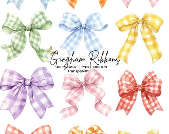 Gingham Ribbons PNG Clipart Bundle Watercolor Bow Ribbons Clipart, Coquette Ribbons PNG for Baby Shower, Birthday invitations