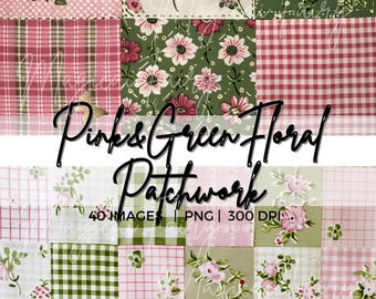 ピンクとグリーンのパッチワークシームレスパターン、花柄グランドミレニアルパターン、かわいいキルティングパターンPNGバンドルギンガム水玉模様デジタルペーパー