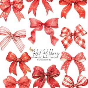 May include: A collection of red ribbon bows in various designs. Some bows have heart patterns, polka dots, or striped patterns. The image includes the text "Red Ribbons" and details about the image format.