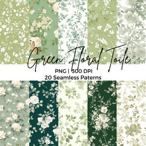 Green Floral Toile Seamless Pattern Bundle PNG Watercolor Sage Green Chinoiserie Toile de Jouy Patterns for Nursery Wallpaper Digital Papers