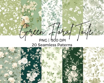 Green Floral Toile Seamless Pattern Bundle PNG Watercolor Sage Green Chinoiserie Toile de Jouy Patterns for Nursery Wallpaper Digital Papers