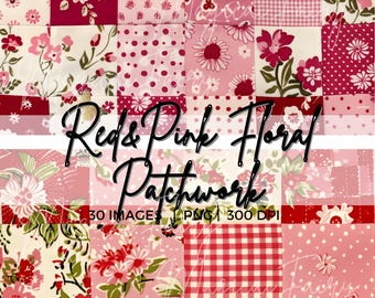 Red & Pink Patchwork Seamless Patterns, Floral Grand Millenial Patterns, Cute Quilted Pattern PNG Bundle, Gingham Polka Dots Digital Papers