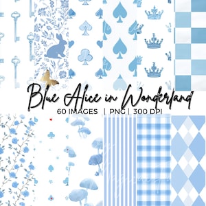 Blå Alice i Underlandet Seamless Patterns Bundle Digitalt Papper: Gingham, Ränder Rutiga Mönster Kanin Ros Klocka Tekopp Svamp
