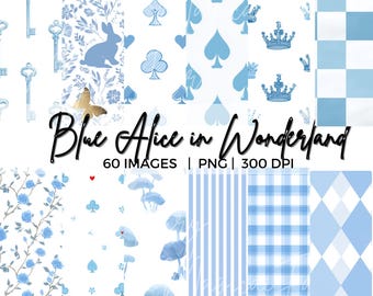 Blue Alice in Wonderland Seamless Patterns Bundle Digital Paper: Gingham, Stripes Checkered Patterns Bunny Rose Clock Tea cup Mushroom