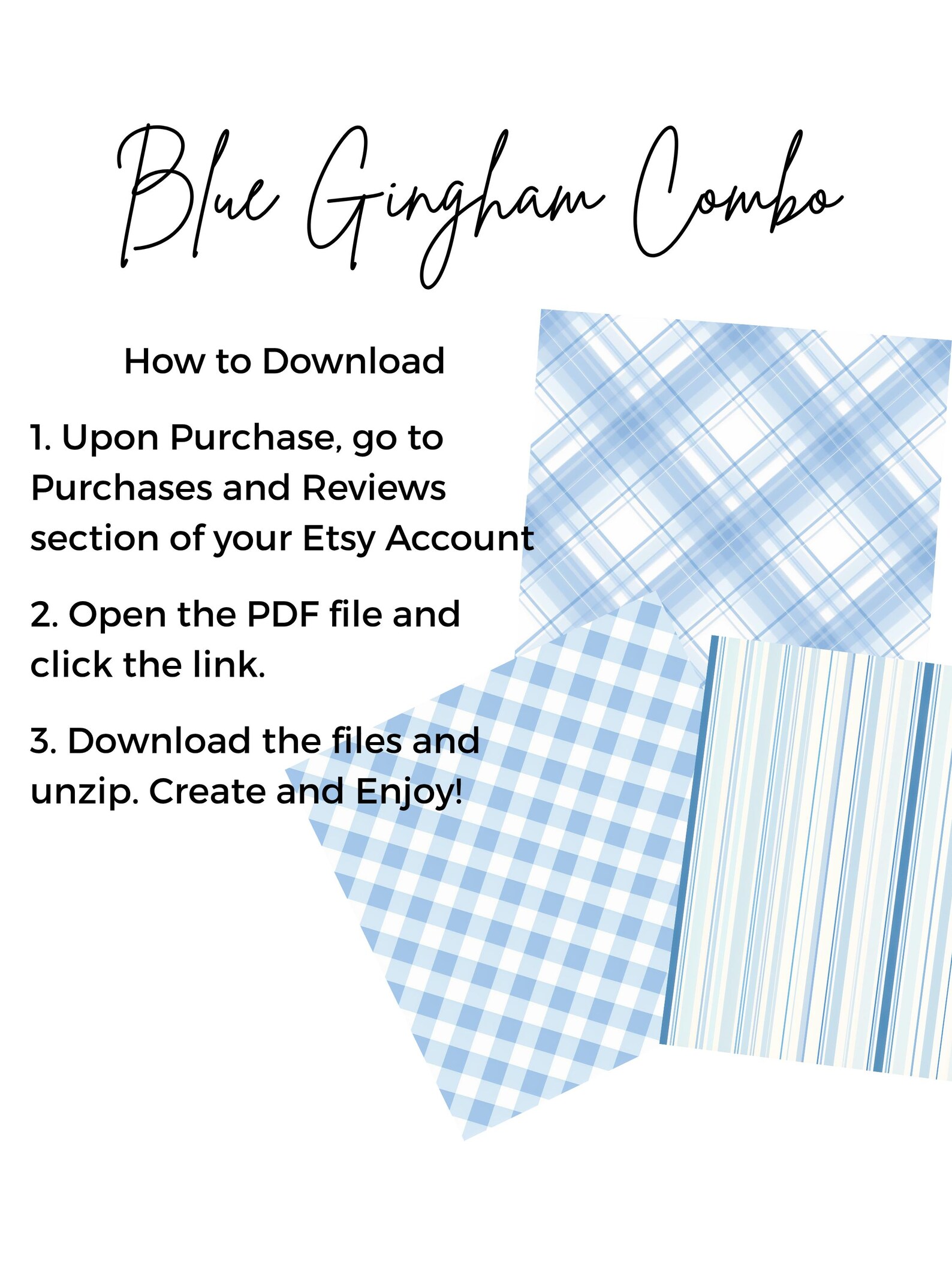 Blue Gingham Seamless Pattern Bundle PNG Watercolor Blue Stripes Polka ...