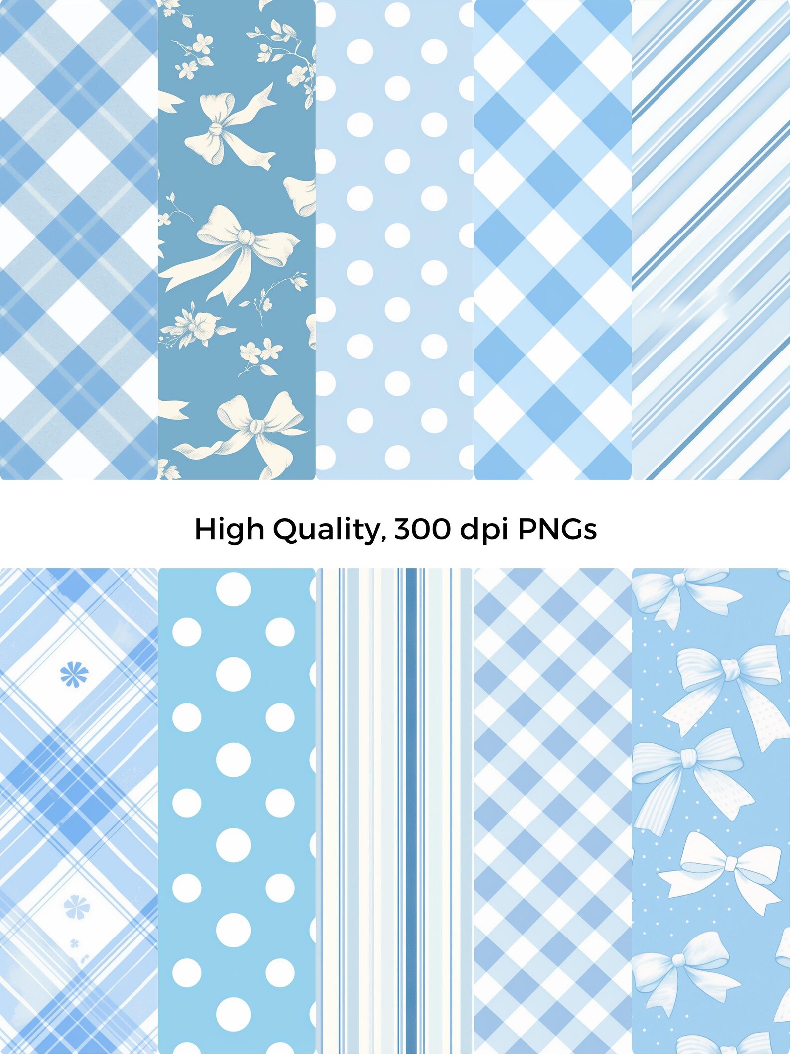 Blue Gingham Seamless Pattern Bundle PNG Watercolor Blue Stripes Polka ...