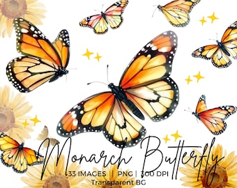 Farfalla PNG Farfalle monarca Clipart Acquerello Farfalla primaverile Clip art Pacchetto per arredamento, design, stampa, invito, decorazione, arte murale